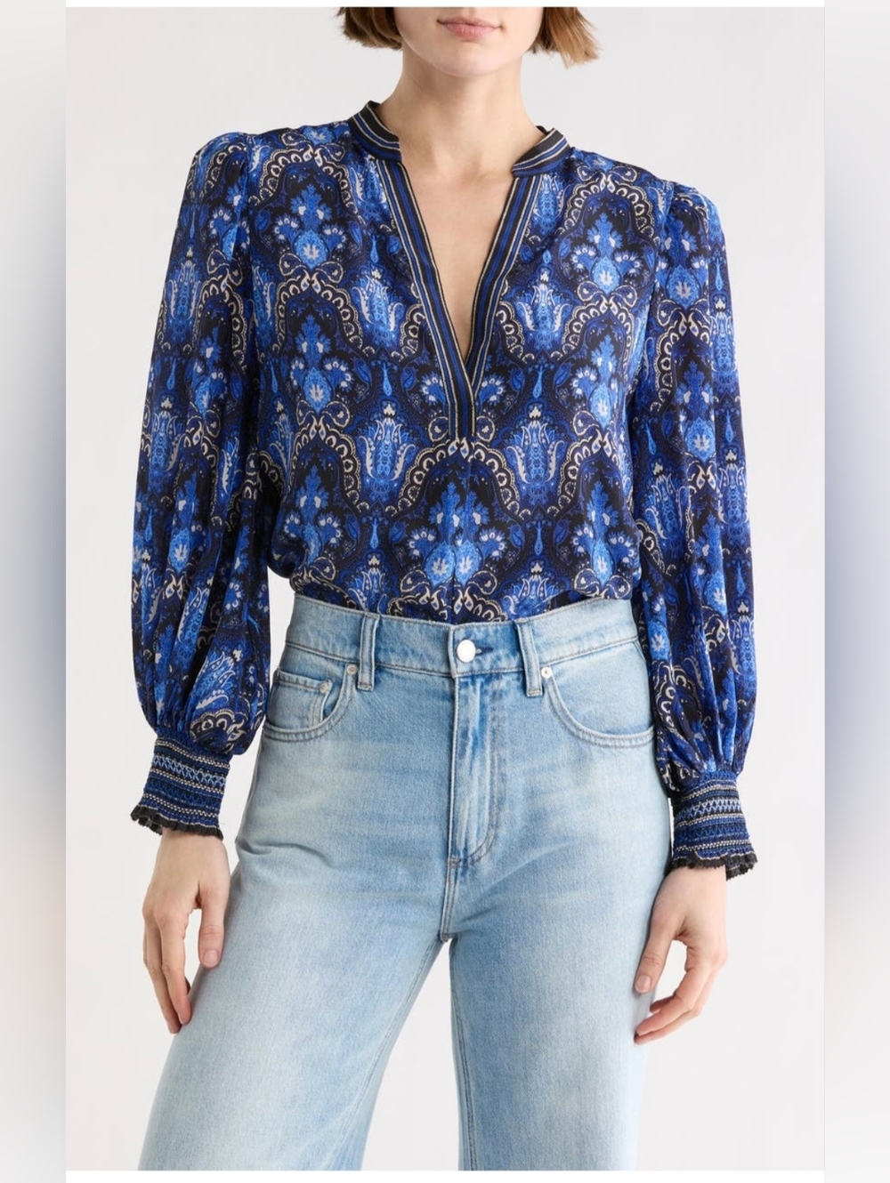 Alice + Olivia Sheila Printed V-Neck Long-Sleeve Blouse Silk Blouse NWT XL LARGE